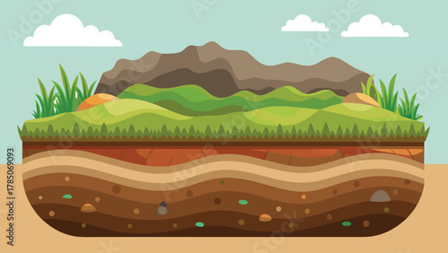 Soil Layers and Ground Cross Section with Grass, Topsoil, Subsoil, and Rock Foundation Vector Illustration, Earth Structure Diagram for Landscape, Geology, and Environmental Design