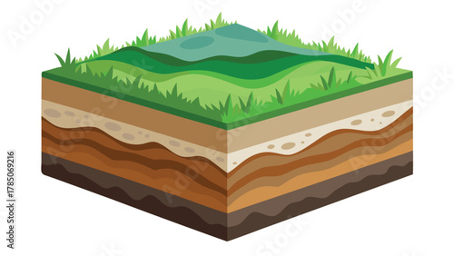 Soil Layers and Ground Cross Section with Grass, Topsoil, Subsoil, and Rock Foundation Vector Illustration, Earth Structure Diagram for Landscape, Geology, and Environmental Design