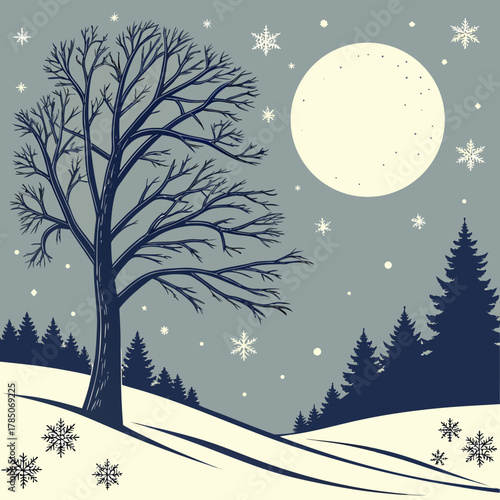 Winter Night Landscape With Bare Tree Full Moon and Snowflakes vector illustration