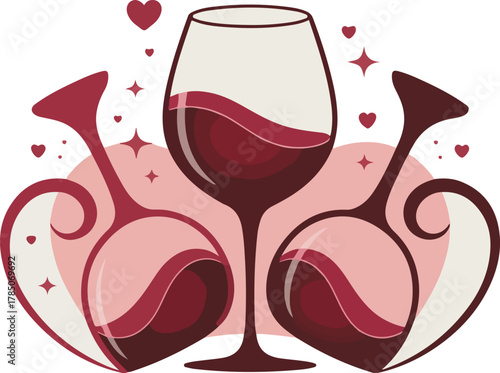 Romantic red wine glasses with heart shapes and sparkling accents