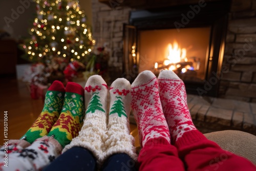 Cozy holiday evening by the fireplace with festive knitted socks and christmas tree