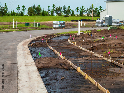 Fotografie Wooden stakes and formwork in place for pouring of concrete to create a new side