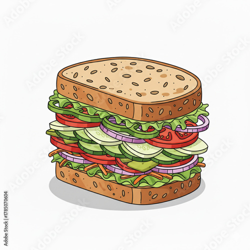 A towering, mile-high vegetable sandwich layered with fresh produce on hearty whole-wheat bread