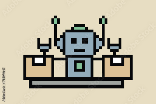 Cartoon pixel art of humanoid robot learning toy robotic engineer bot machine business vector character automation electronic background 8 bit artificial intelligence concept.