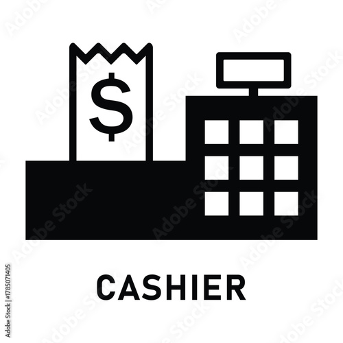Isolated Black Outline Icon of a Vintage Cash Register with Receipt Paper and Display Screen on a Transparent Background Simple Flat Design Illustration