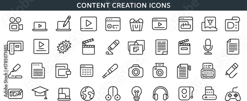 content, creation, icons, video, camera, microphone, editing, writing, document, play, multimedia, headphones, tools, media, education, symbol, minimal, black, white, interface