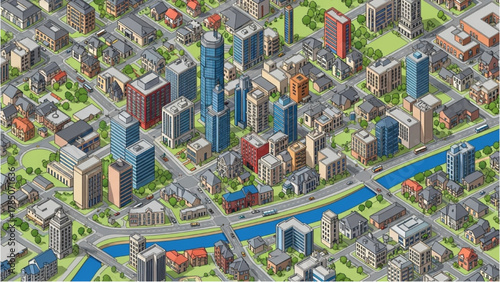 Isometric Cityscape A Bird's-Eye View of Urban Development and Infrastructure