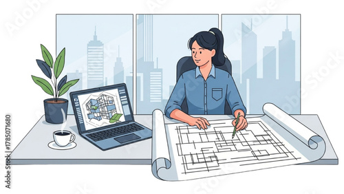 Architect at Work Designing Plans in a Modern Office with Laptop and Blueprints