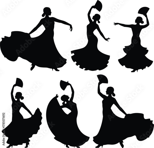 dance, icons, silhouette, flamenco, fan, pose, movement, traditional, cultural, performance, skirt, gesture, black, white, elegant, expressive, rhythm, art, minimal, style
