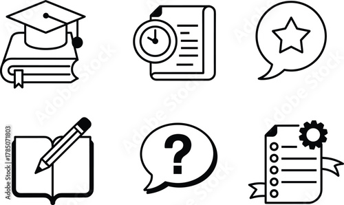education, icons, academic, learning, graduation, test, feedback, writing, question, checklist, gear, pencil, document, speech, bubble, certification, minimal, black, white, school
