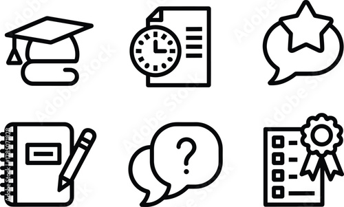 education, icons, academic, learning, graduation, test, feedback, notebook, writing, question, checklist, award, speech, bubble, pencil, certification, minimal, black, white, school