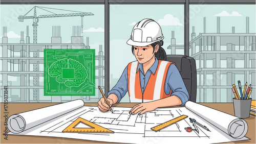 Engineer Planning a Futuristic Building Design with Brain-Inspired Technology