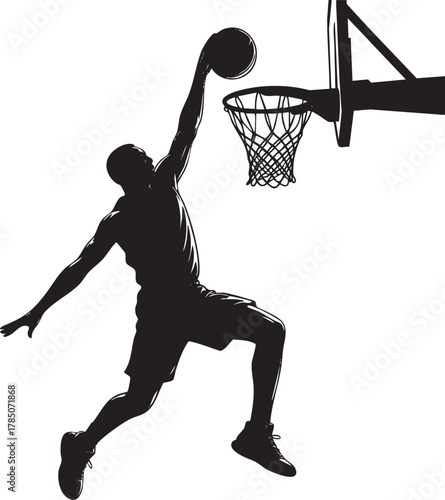 A dynamic silhouette captures a basketball player in mid-air, about to slam dunk the ball through the hoop.