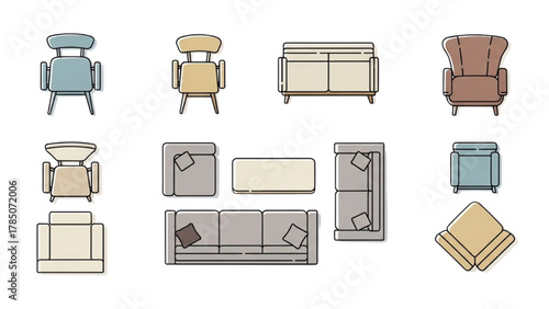 A collection of modern furniture line icons for interior design and architectural floor plan layouts