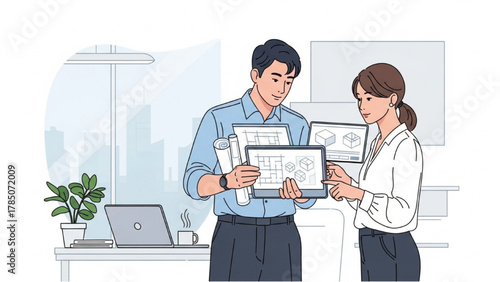 Colleagues discussing architectural plans on tablet and blueprints in office