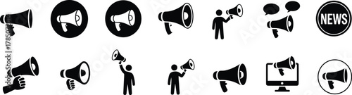 megaphone, icons, communication, news, announcement, speaker, feedback, person, speech, bubble, monitor, hand, black, white, circle, public, voice, broadcast, minimal, UI