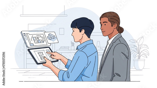 Architects Collaborating Examining Blueprints on a Tablet in a Modern Office Setting