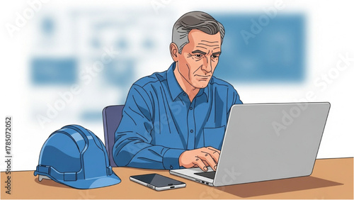 Experienced engineer working diligently on his laptop at his desk