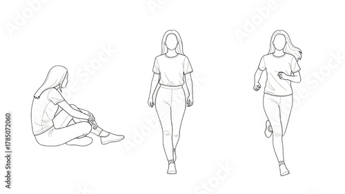 Collection of a young woman in various poses, sitting, walking, and running, illustrated in a clean line art style