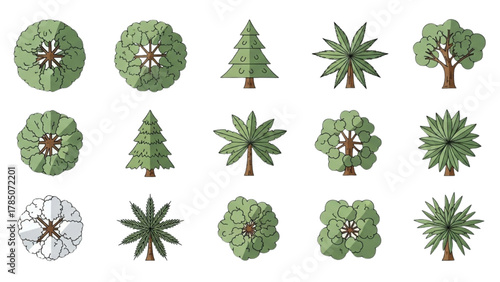 Assortment of tree top view icons for landscape architecture and garden design planning