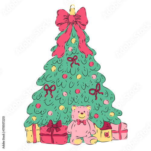 Christmas tree with big bow, gifts and teddy bear. Vintage Christmas ornament, hand drawn. Pink, green, yellow colors. Cute vector illustration, isolated.