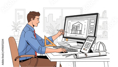 Architect at Work Designing Plans with Digital Tools and Precision