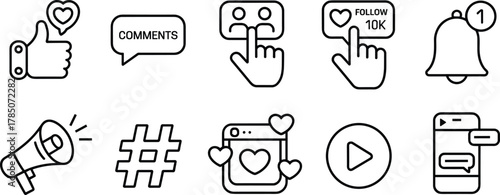 social, media, icons, interaction, feedback, like, follow, comment, notification, hashtag, smartphone, chat, video, heart, speech, bubble, megaphone, minimal, black, white