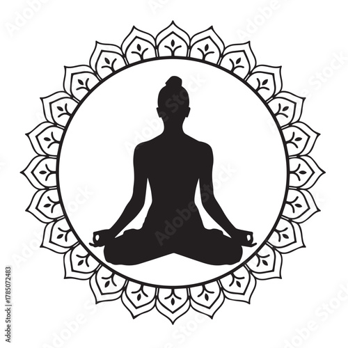 Silhouette of a woman in lotus position, meditating within a circular mandala, embodying peace, balance, and spiritual harmony in yoga practice