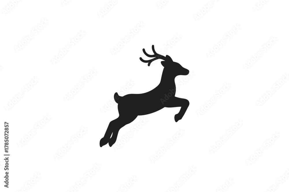 Obraz premium Dynamic Black Deer Silhouette Leaping Gracefully Against a Clean White Background Minimalist Animal Icon Design