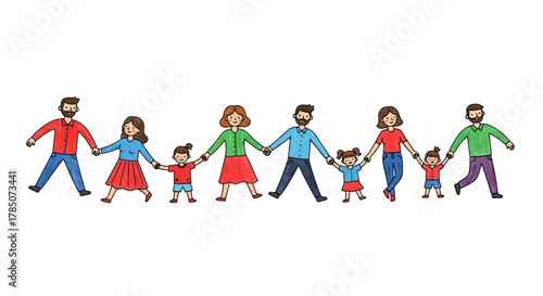 Family Togetherness – Parents and Kids Holding Hands and Walking Illustration