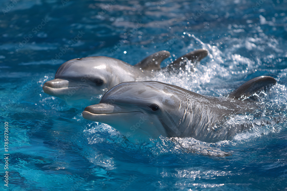 Fototapeta premium A Pair of Joyful Dolphins Gliding Through Sunlit, Splashing Blue Water