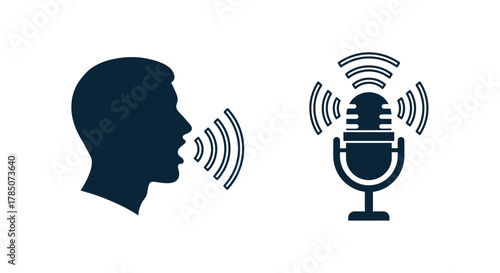 a person speaking into microphone with sound waves illustrated, vector illustration Isolated on white background