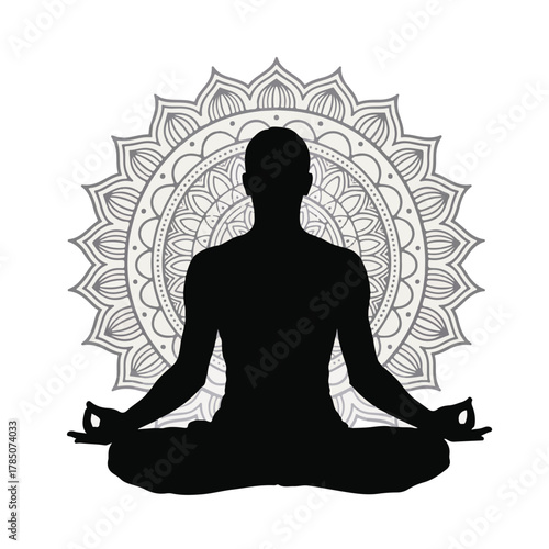 Silhouette of a man in lotus position, meditating with a mandala backdrop, representing inner peace, focus, and spiritual connection