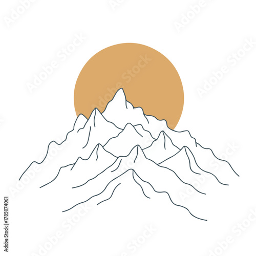 Stylized mountain range with a large sun behind it, , creating a simple yet striking natureinspired design in a minimalist style