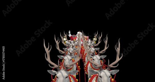 Santa Claus riding sleigh pulled by eight reindeer with gifts on transparent background, Christmas Eve delivery, holiday magic, and celebration. 3d rendering animation. Alpha channel.
