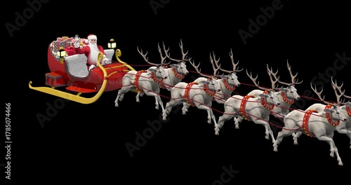 Santa Claus riding sleigh pulled by eight reindeer with gifts on transparent background, Christmas Eve delivery, holiday magic, and celebration. 3d rendering animation. Alpha channel.