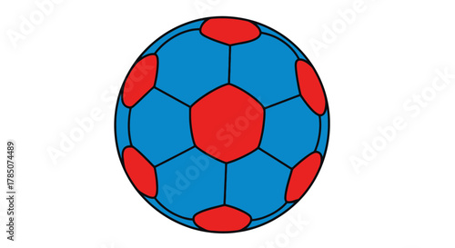 a blue soccer ball with red hexagons and pentagons, vector illustration Isolated on white background