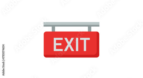 a red exit sign hanging from metal pole against white background, vector illustration Isolated on white background