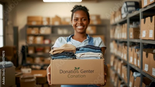 Smiling volunteer holding donation box with folded clothes inside charity organization warehouse promoting kindness and community support