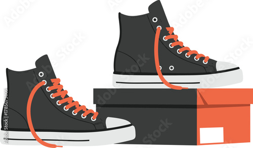 Black High-Top Sneakers with Orange Laces and Shoe Box Vector Illustration for Fashion, Footwear Design, Retail Display, and Streetwear Concepts