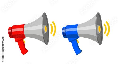 two megaphones side by side one red and blue emitting sound waves, vector illustration Isolated on white background