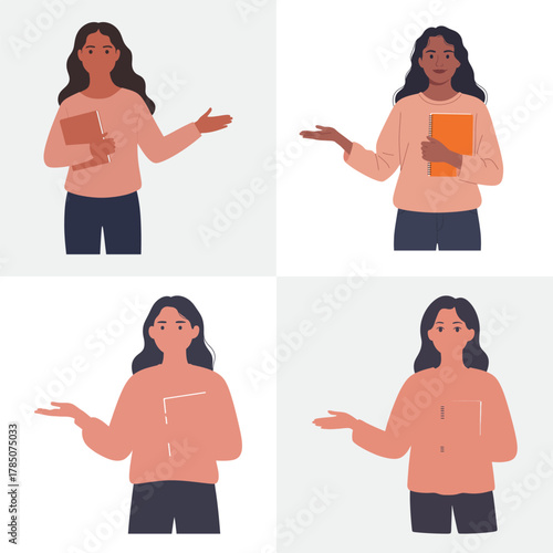 Businesswoman in a suit with a mobile phone smiling, a cartoon illustration of a successful, standing woman