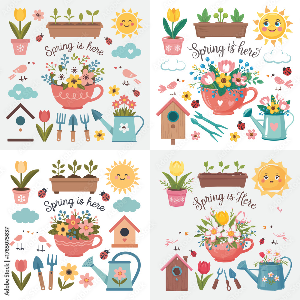 Obraz premium Funny Cartoon Animal Pattern with Flowers Hearts Birds and Butterflies for Kids Design
