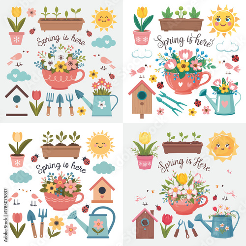 Funny Cartoon Animal Pattern with Flowers Hearts Birds and Butterflies for Kids Design