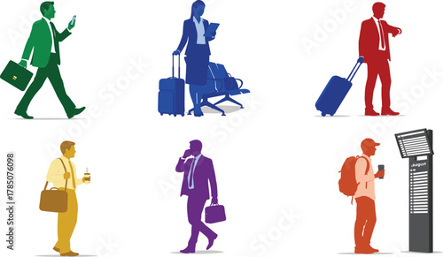 Business and travel people illustration with luggage, airport waiting, professional journey, business trip, modern travel lifestyle, transportation concept design.