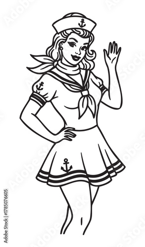 Black and white line art of a smiling young caucasian female sailor waving, wearing a sailor hat, dress with anchor motifs, and a neckerchief.