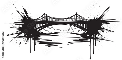 Black ink silhouette of a bridge with artistic splatters on each side, giving a dynamic and bold visual effect.