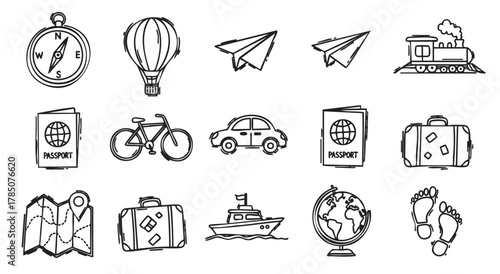 Black and white hand-drawn travel icons featuring a compass, hot air balloon, paper airplanes, train, passport, bicycle, car, suitcase, map, boat, globe, and footprints.
