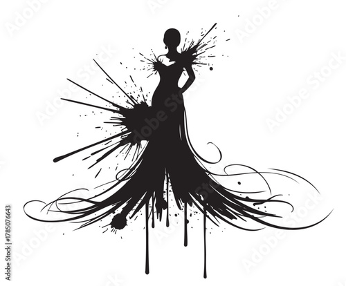 Silhouette of a female figure in a couture dress with artistic paint splatters and drips, creating an elegant and dynamic fashion statement.