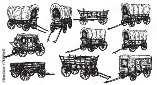Various styles of hand-drawn vintage wagons and carriages, each with distinct features and historical design elements.